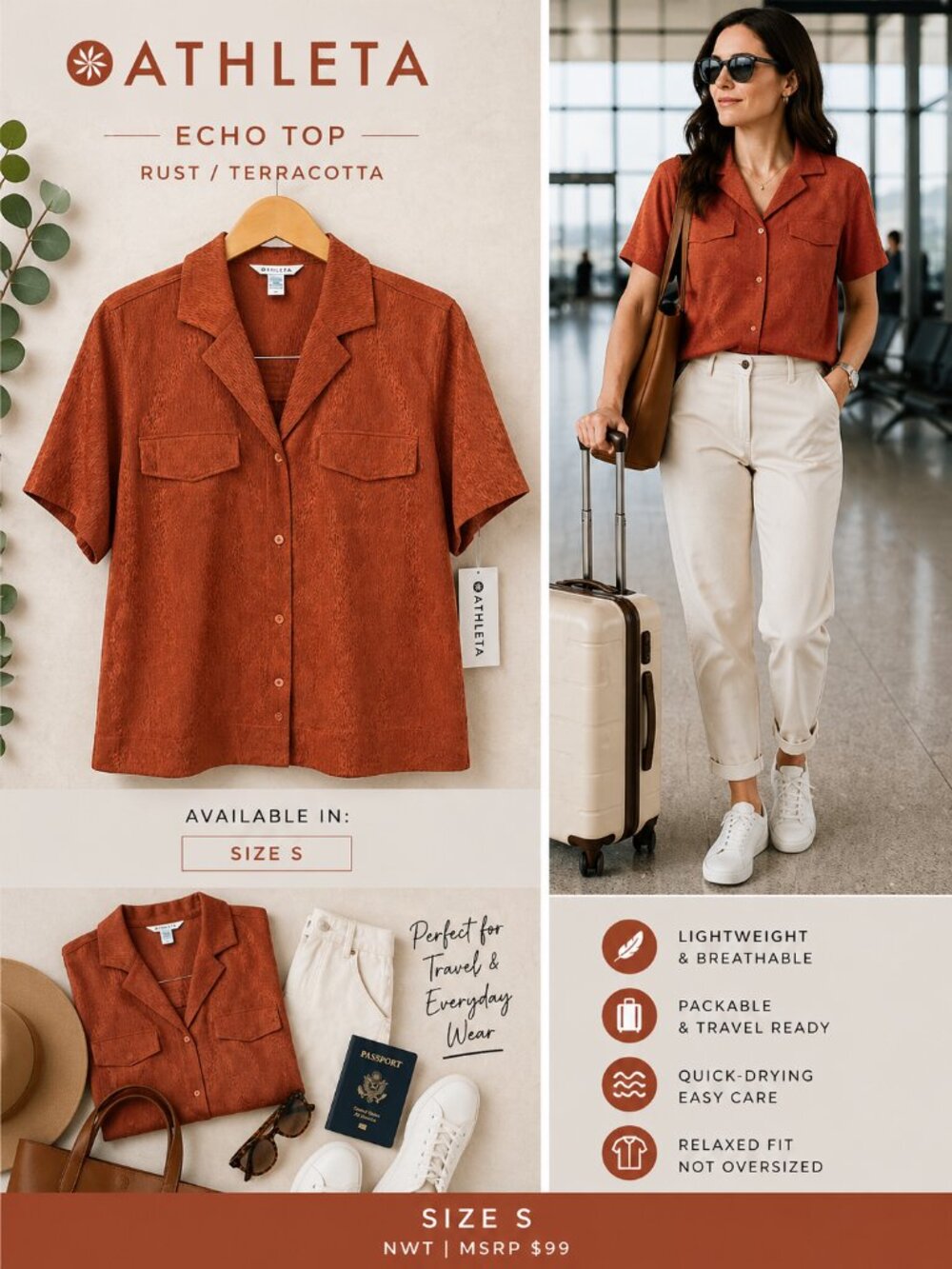 NWT Athleta Echo Top Rust Terracotta Textured Button Front Short Sleeve Size S